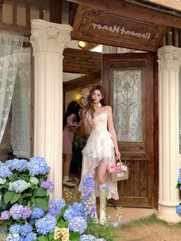 Niulatu High Low Spaghetti Straps Ivory Holiday Dresses Night Dress Birthday Outfits SD1221